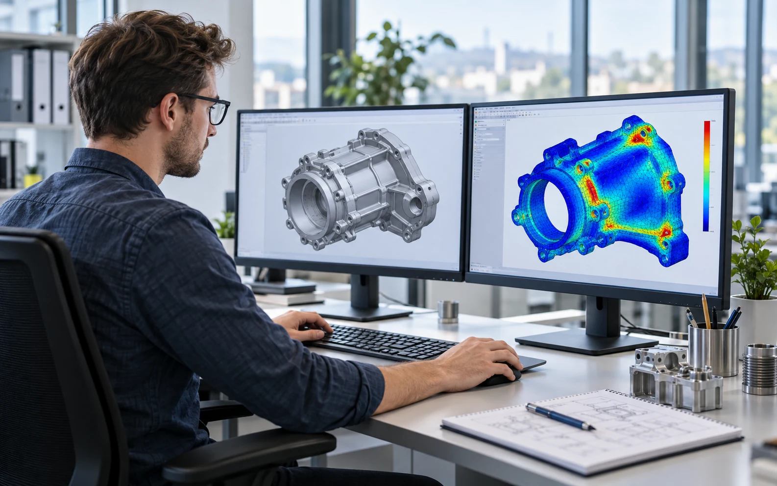 Ingenieur am CAD-Arbeitsplatz bei einer FEM Simulation