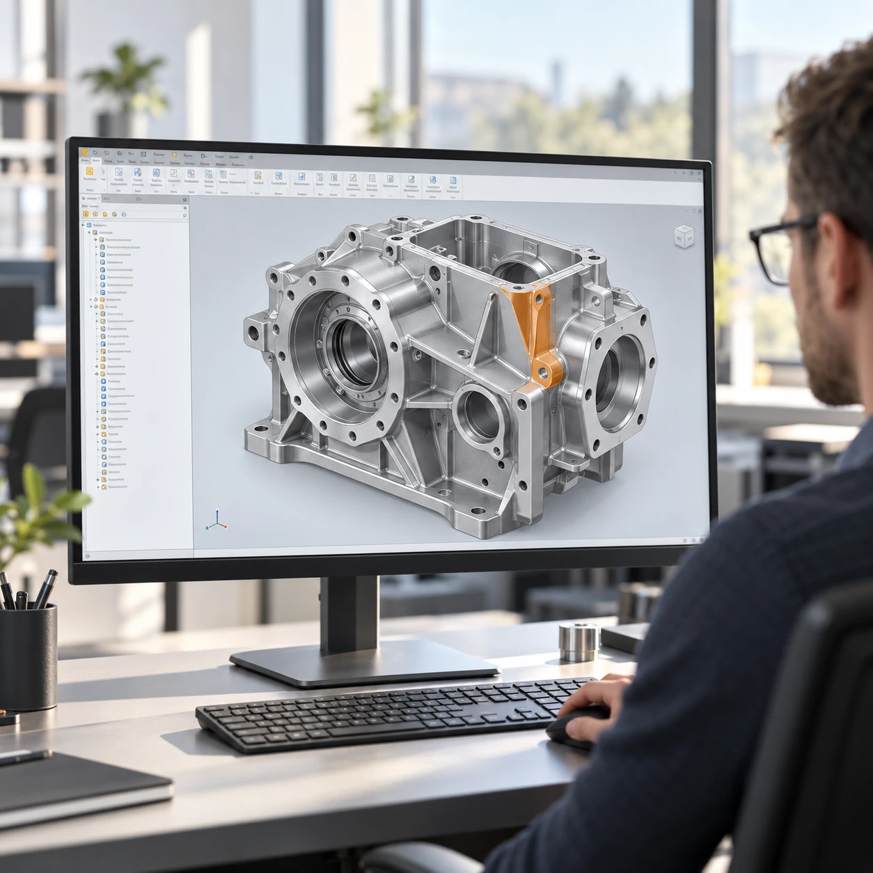 Ingenieurarbeitsplatz mit einem mechanischen CAD-Modell auf dem Bildschirm