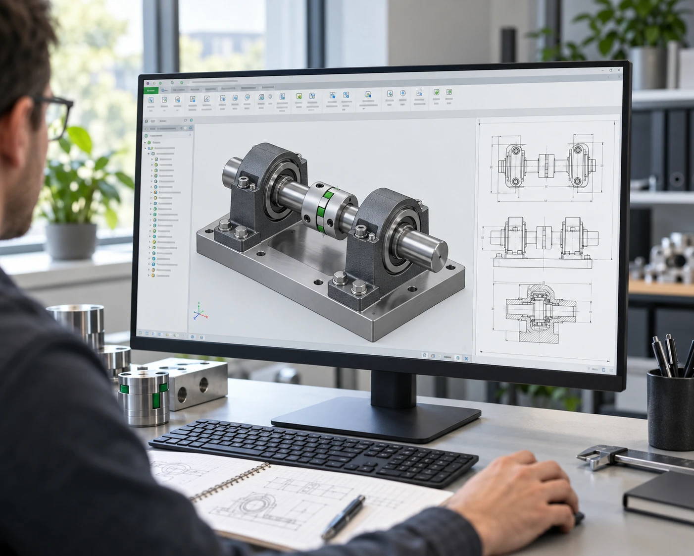 Ingenieur bei der CAD-Konstruktion einer mechanischen Baugruppe